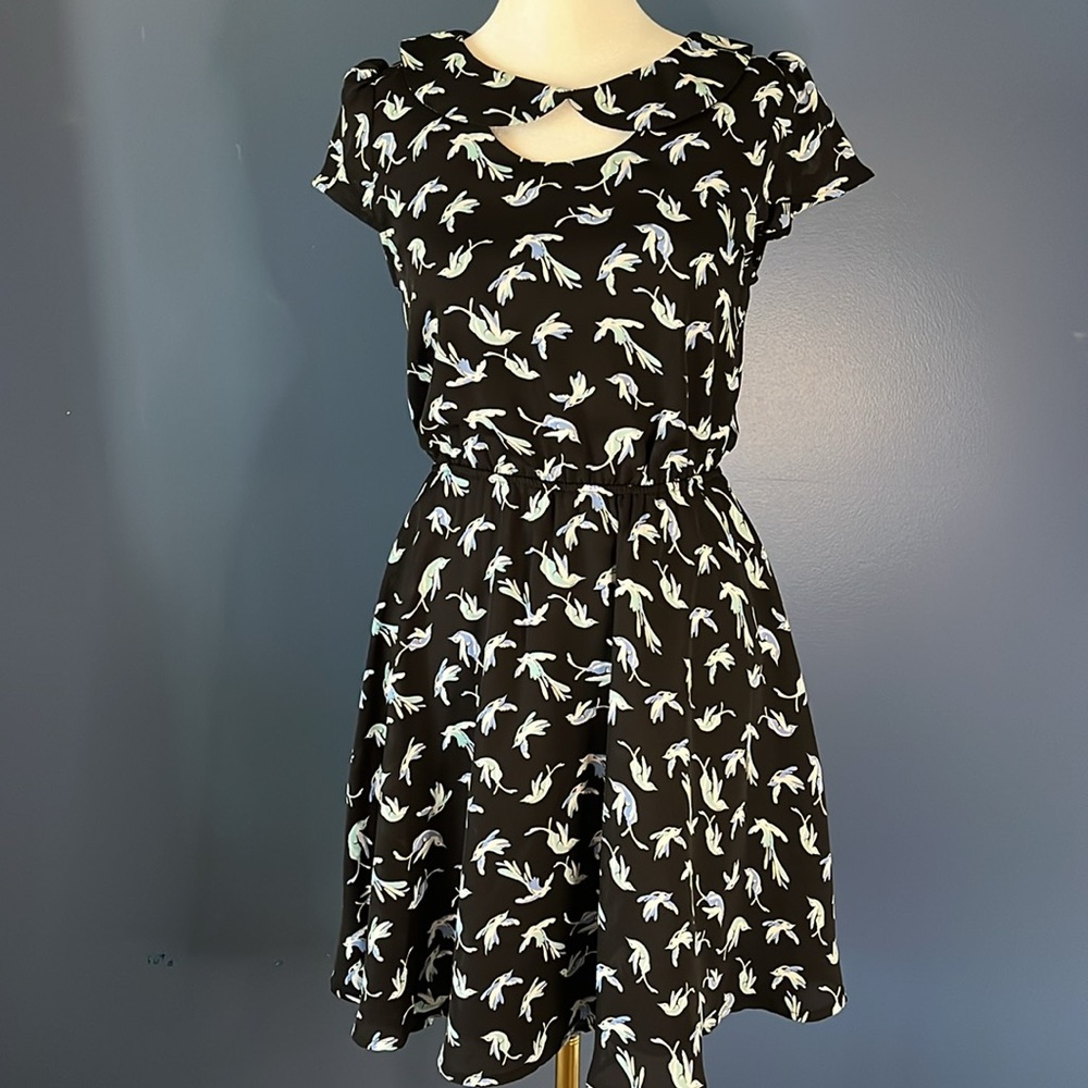 Lauren Conrad birds on black background, Peter Pan collar. Lined dress.  Size 2